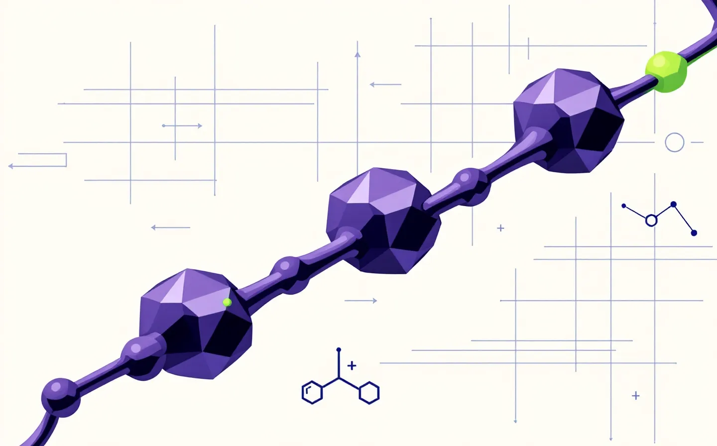 Abstract five-node peptide chain over a faint schematic grid